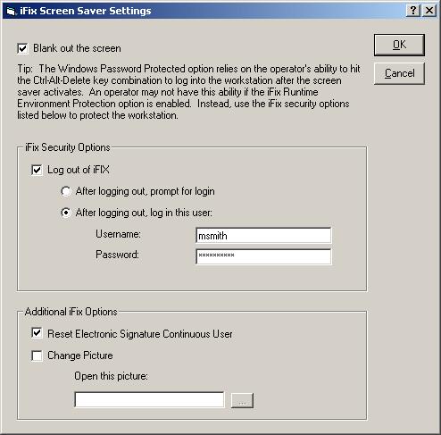 Configuring Security Features ifix Screen Saver Settings You use the ifix Screen Saver Settings dialog box, shown in the previous figure, to configure ifix security settings.