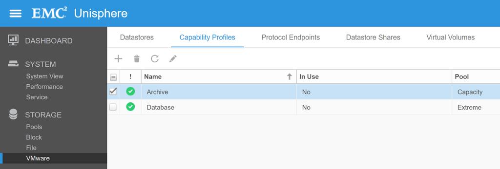 Figure 7. Capability Profiles Page CONNECTIVITY Dell EMC Unity supports access to VVol datastores over block and file protocols.