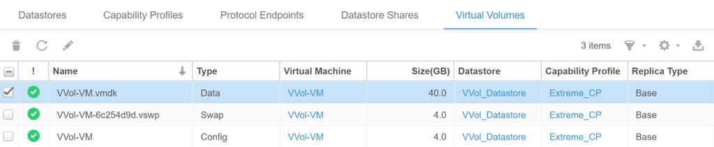 Figure 24. Virtual Volumes Page You also have the ability to view more details of each type of VVol by opening the properties page.