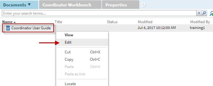 Edit file From the menu panel, you can edit files in your space(s). When you edit a file, it is checked out.