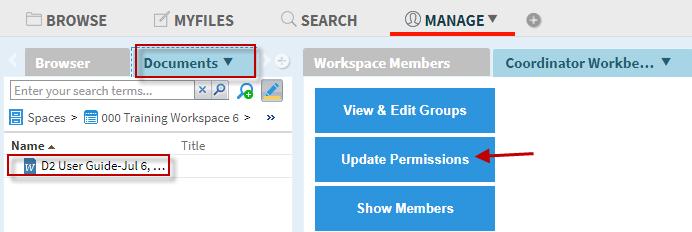 For File permissions: use the Documents widget to locate the file within the space. 4. Click Update Permissions. 5. Modify the permission for the different groups (e.g. contributor) by clicking on the down arrow.