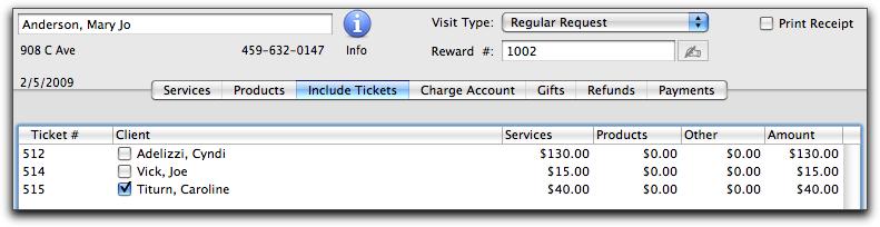Transactions: Including Tickets Purpose The Include Tickets tab allows the current client to pay for other client tickets that have not yet been paid.
