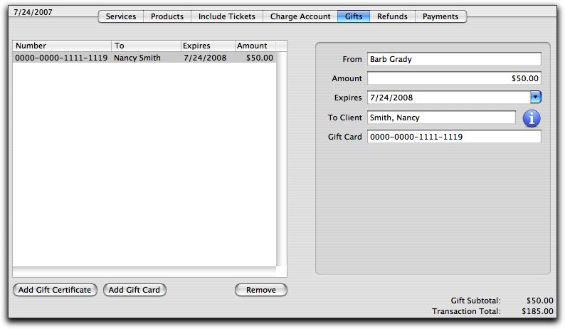 Adding Gift Cards Click Add Gift Card to generate a new gift card. NOTE: You must purchase the Gift Card module from STX Software in order to use this part of the program.