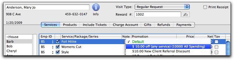 When a client purchases Services or Products meeting the criteria set for redeeming reward points, and if the client has enough points to make a redemption, the Promotion popup menus will appear in