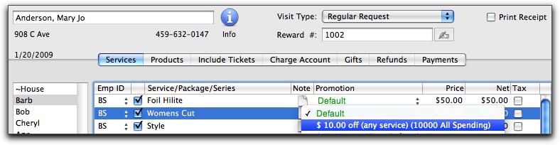 NOTE: The Rewards promotions will appear on each of the Services and Products tabs of the Client Visit transaction as long as a redemption rule matches the product or service selected.