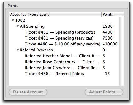 Looking on the Billing tab of the client card, each transaction involving Points are listed,