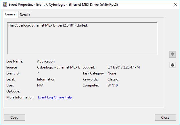 2. If you are looking for events relating to the Ethernet MBX Driver, select the Windows Logs\Application branch from the Event Viewer tree, and look for entries in the Source column named Cyberlogic