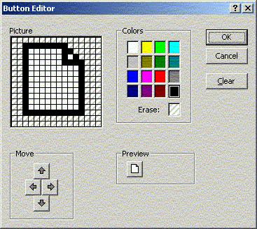 In the editor you have a 16x16 grid of squares which forms the button image. There is also a palette of 16 colours plus an Erase button which can be used to make parts of the button transparent.