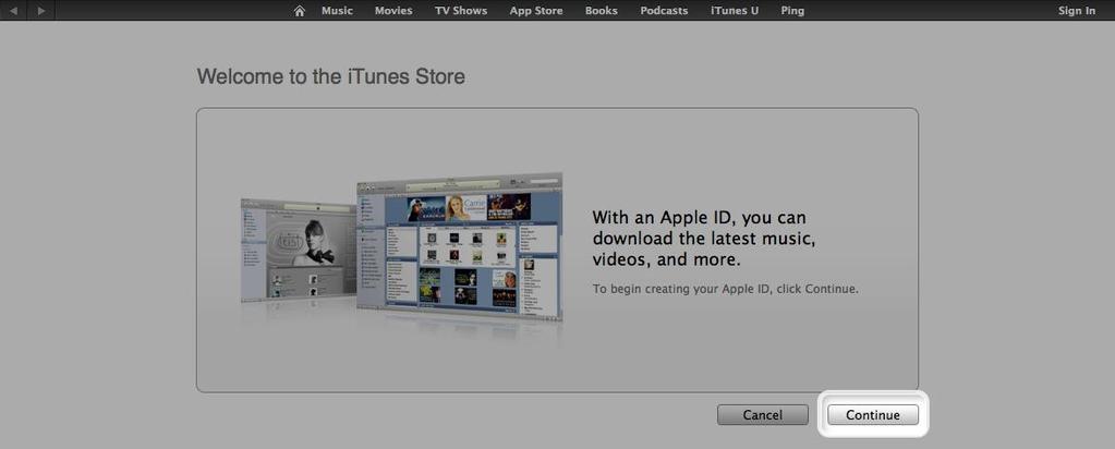 agree to the itunes Terms and Conditions." 8. Click Continue. 9.