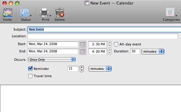 Adding a New Calendar Event To create a new calendar event, while in the Calendar folder, click on the New button or go to File New Calendar Event.