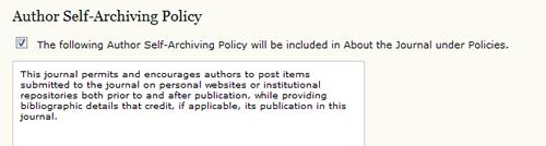 Author Self-Archiving Policy: This section allows you to also post a statement about your journal's author self-archiving policy.
