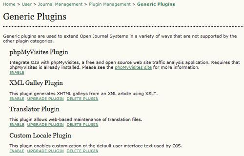 Figure 4.150. Generic Plugins phpmyvisites Integrates OJS with phpmyvisites, a free and open source web site traffic analysis application.