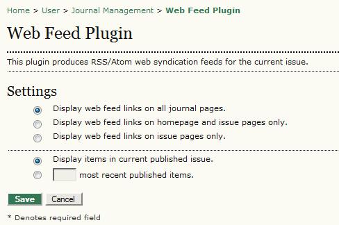 Figure 4.164. Web Feed Settings JQuery Plugin This plugin enables javascript interaction and styling of OJS content using the jquery framework.
