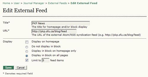 Figure 4.171. External Feeds Listing Selecting Edit opens a new form.