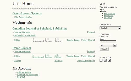 The "Information" block displays the For Readers, For Authors, and For Librarians links. The content for these pages is added in the Journal Setup.