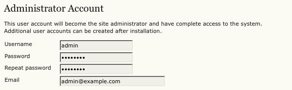 Figure 13.6. OJS Install: Administrator Account Next is the Database Settings section.