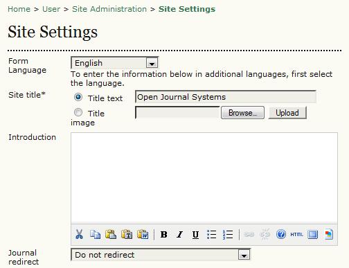 Figure 3.3. Site Settings A detailed breakdown of all options are as follows: Form Language: This will not appear if your site is unilingual.