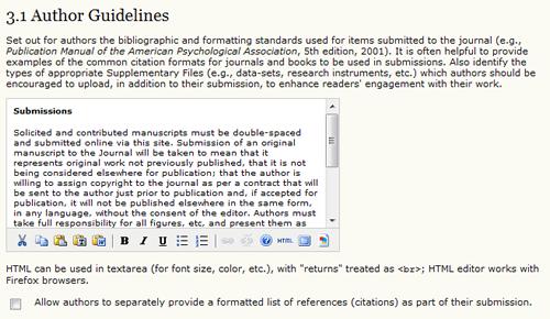 Figure 4.22. Setup Step 3.1: Author Guidelines You can also configure the Submission Preparation Checklist in this section.