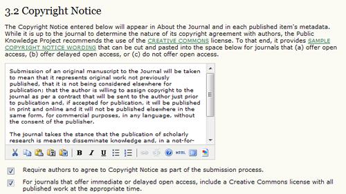 Figure 4.24. Setup Step 3.2: Copyright Notice Competing Interests This allows for the option of requiring authors and/or reviewers to file a Competing Interests statement. Figure 4.25.