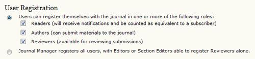 Figure 4.34. Setup Step 4.1: Additional Site and Article Access Restrictions User Registration: Select these options to allow visitors to enroll themselves as Authors, Reviewers, or Readers. Figure 4.