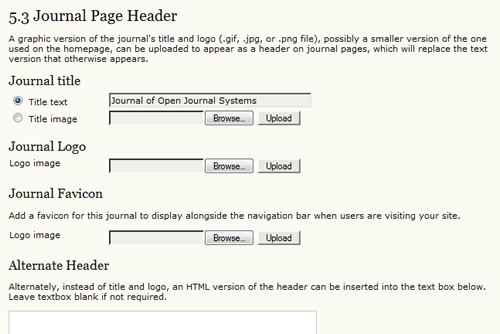 Figure 4.48. Setup Step 5.3: Journal Page Header Journal Page Footer Footers can also be added to each page of your journal. It can be a good place to add your ISSN or a copyright statement. Figure 4.