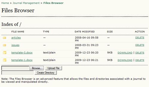 Note The Files Browser does not currently allow acccess to the journal's public/ directory. Figure 4.63. Files Browser Journal Sections OJS journals may contain several sections (e.g., Articles, Reviews, Research, etc.