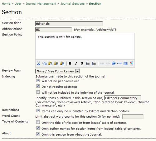 Figure 4.66. Create New Section Further down this same form, choose a user as the Section Editor. If you haven't set up your journal's users yet, go to Create Users to do so.