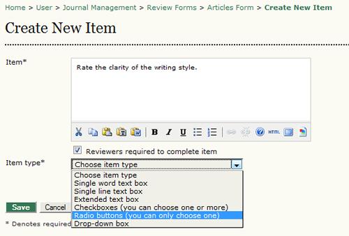 Figure 4.75. Create New Item In the Item box, type in the question. You can then select whether or not to make the question required.