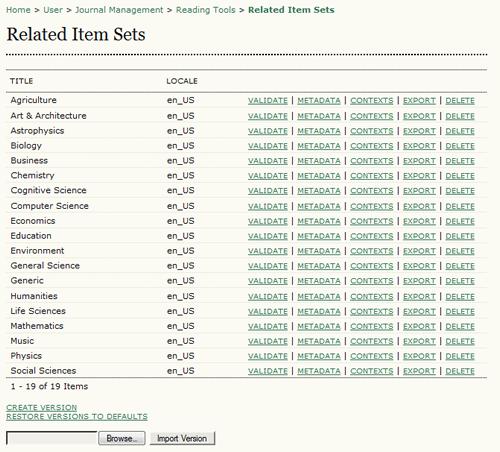 Figure 4.103. List of Related Item Sets For each subject, you will see a series of options: Validate, Metadata, Contexts, Export, and Delete.