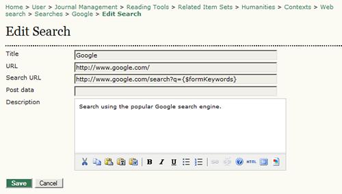 Figure 4.106. Edit Search You may need to contact the search service directly to find out the appropriate Search URL.