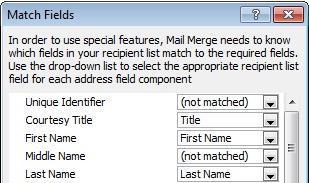 " Map mail merge fields to your data file To make sure that Word can find a column in your data file that corresponds to every address or greeting element, you may need to