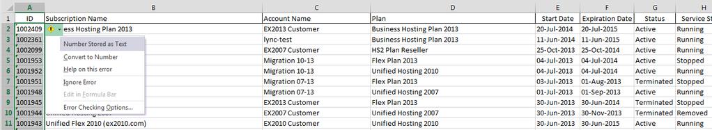 8. Copy the Data from the downloaded Subscriptions list (Not headers) and paste them into the