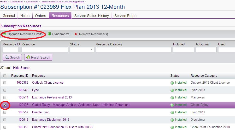 15. Put a tick in the box next to Global Relay and then select Upgrade Resource Limits 16.