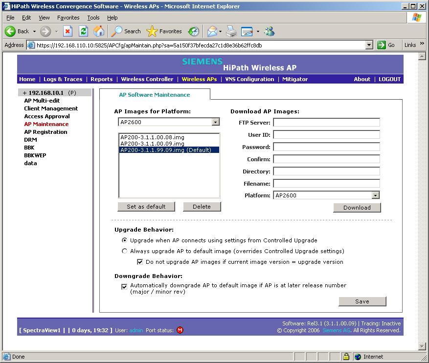 AP Maintenance 1. Select AP Maintenance on the left-hand side of the Wireless APs menu. 2. Select the proper image file in the AP Images box and click Set as default. 3.