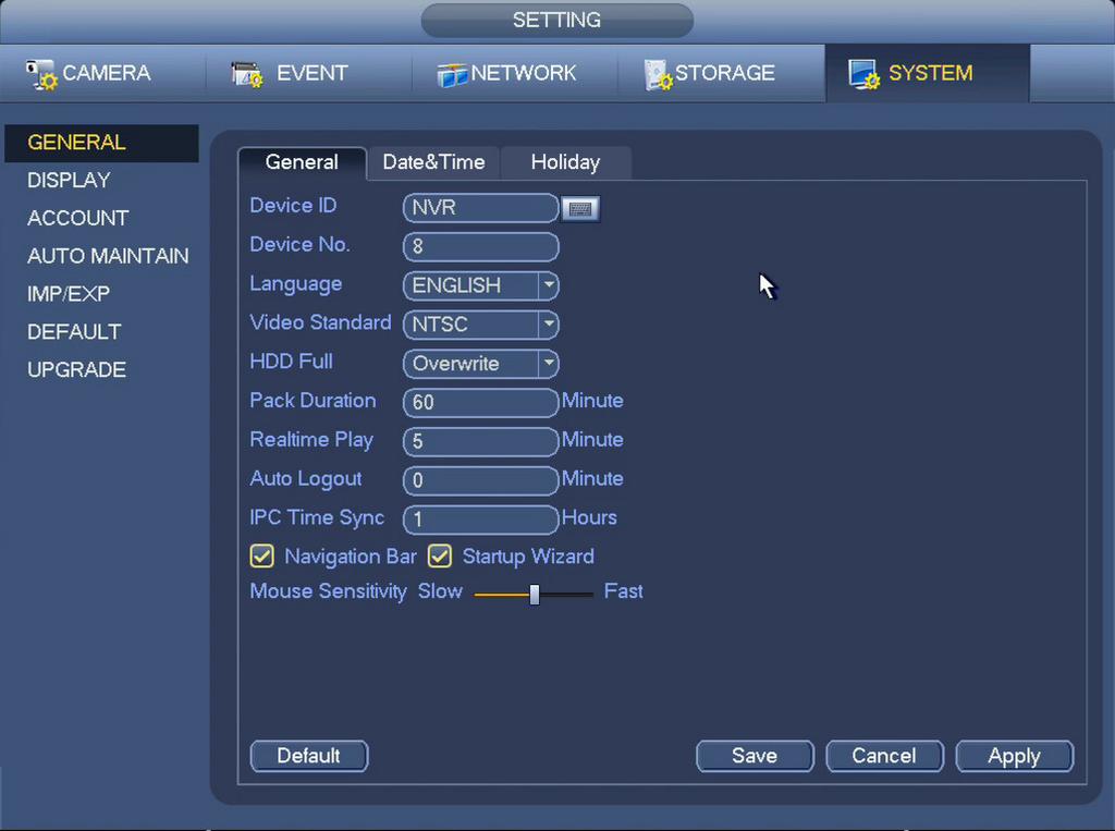 4.5 SYSTEM Settings in this menu control the basic operations of the DVR itself. Among the other options, you can make changes to settings you made when you first set up your system. PICTURE 4.