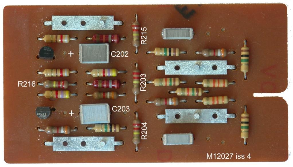 Replace R203, R204, R215 & R216 with a 220K (red, red, black, orange, brown) Replace C202 and C203 with a 2,2 μf (axial), the + (positive) side towards the transistors.