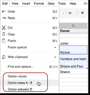 2. From the Edit menu, select the rows or columns to delete.