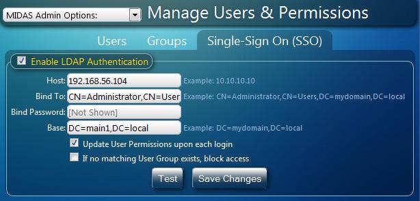Configuring MIDAS LDAP Integration is configured via MIDAS Admin Options Manage Users & Permissions Single Sign On (SSO).