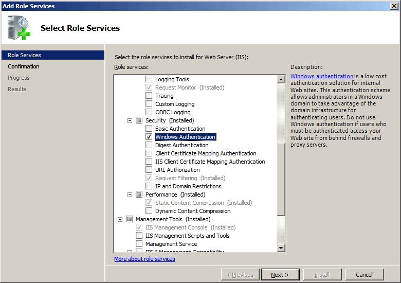 On Windows Server 2008/2008 R2, this can be done via Administrative Tools Server Manager Roles Web Server (IIS) Role Services Add Role Services Security Windows Authentication: For more