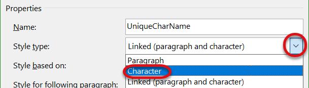 Linked to Character by clicking on the dropdown menu next to Style Type.
