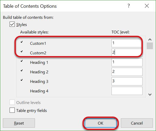 On the Table of Contents dialog box, there is a Print Preview that displays the Headings and page numbers that will display by default.