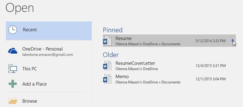3 The document will stay in Recent documents list until it is unpinned. To unpin a document, click the pushpin icon again.