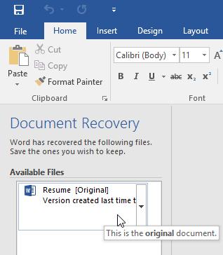 2 Click to open an available file. The document will be recovered. By default, Word autosaves every 10 minutes.