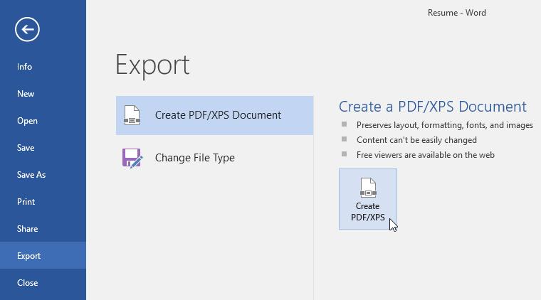 1 Click the File tab to access Backstage view, choose Export, then select Create PDF/XPS. 2 The Save As dialog box will appear.