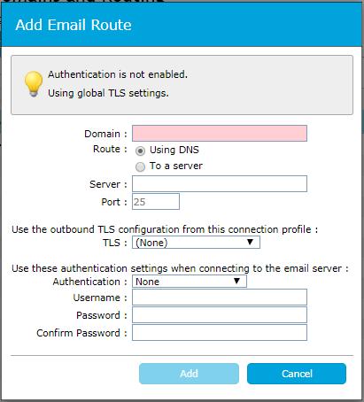 The Add Email Route dialog appears. In the Domain field, enter the domain a-differentcompany.