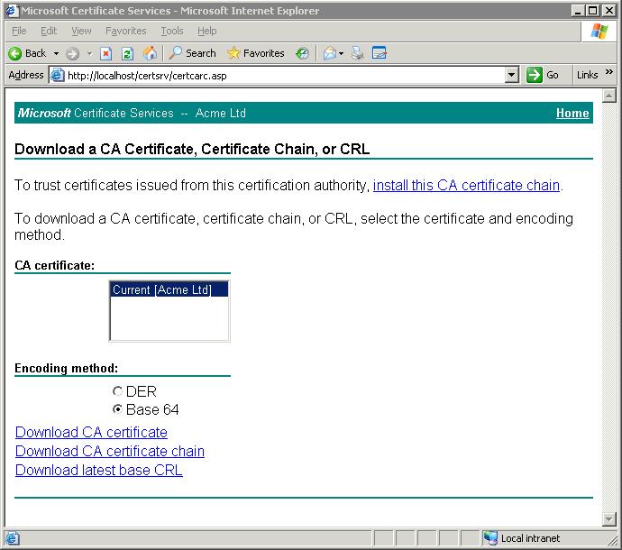 Open the Microsoft Certificate Server home page and select Download a CA certificate,