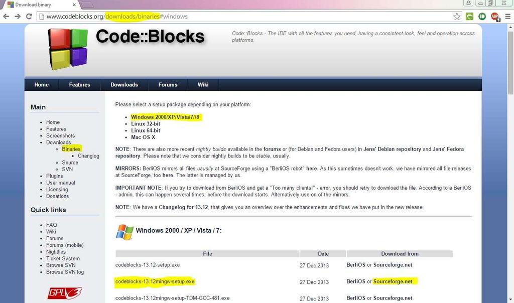 Downloading Code::Blocks 04-Sep-16
