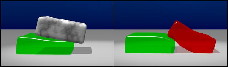 Figure 8: Rigid-elastic interaction (left) and elastic-elastic interaction (right). No special collision handling is necessary to avoid penetration.