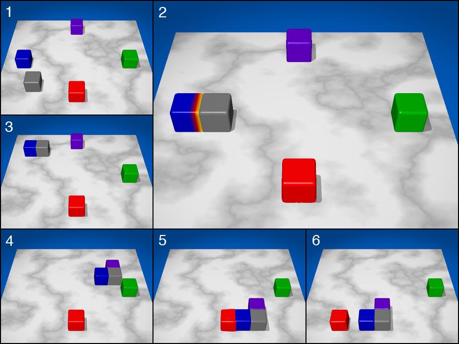After heating the ground, the rigid (blue) and elastic (red) blocks melt until cooling is turned on in Figure 9. This leads to solidification and merging of all objects since they touch each other.