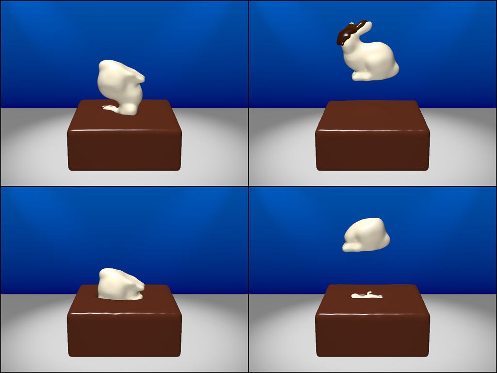 Figure 14: A solid cold white chocolate bunny is dipped into hot brown chocolate. Depending on the time in the hot chocolate the bunny becomes coated with chocolate or melts. [CD97] CANI M.-P.